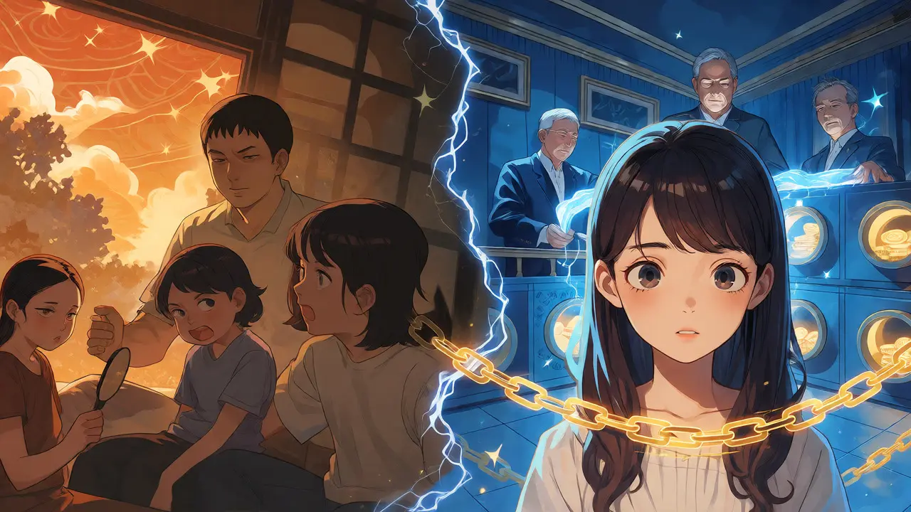 Split scene showing a dark family home versus elites hoarding digital gold.