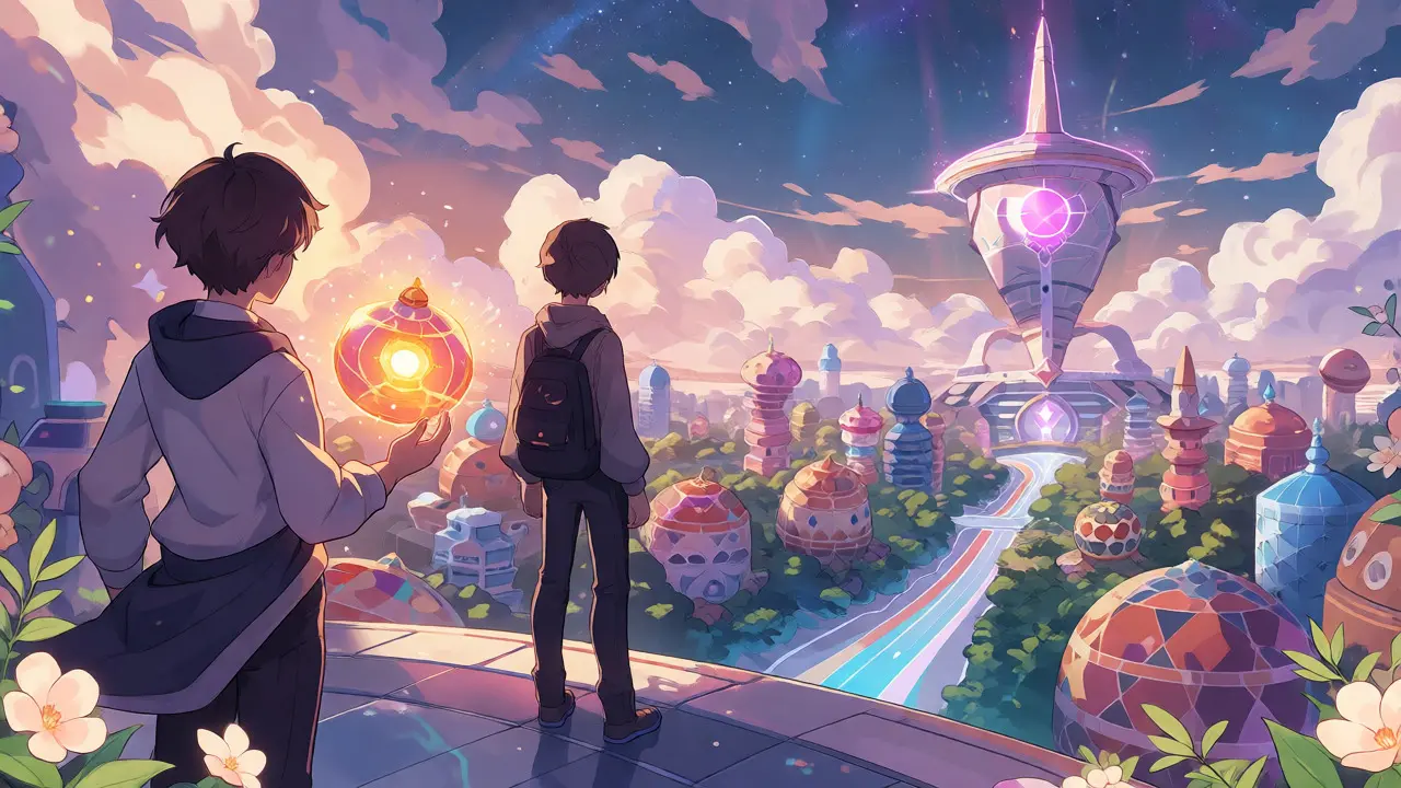 Two anime figures overlooking a futuristic metaverse city