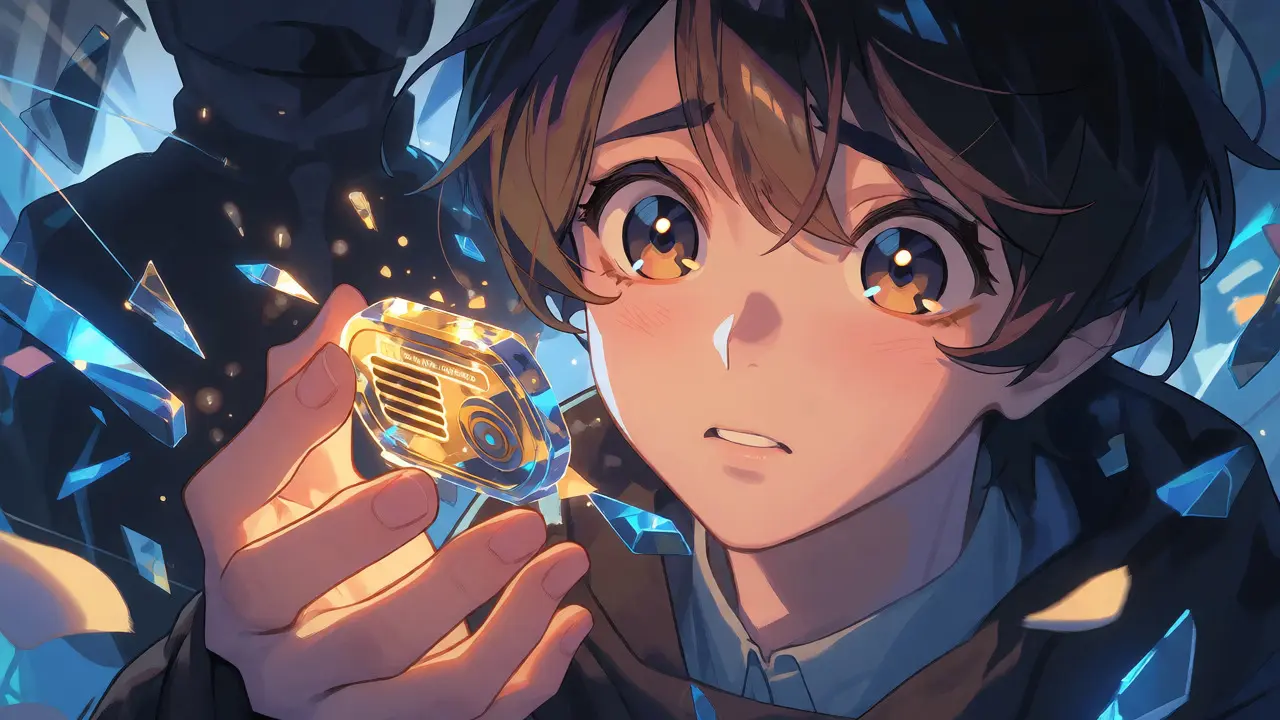 Young trader holding a glowing token while risk shards shatter around them.
